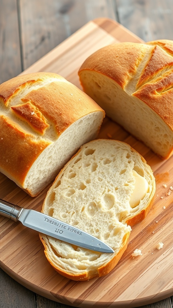 Homemade White Bread Recipe for 2 Loaves Two golden brown loaves of homemade white bread on a cutting board, sliced to show fluffy interior.